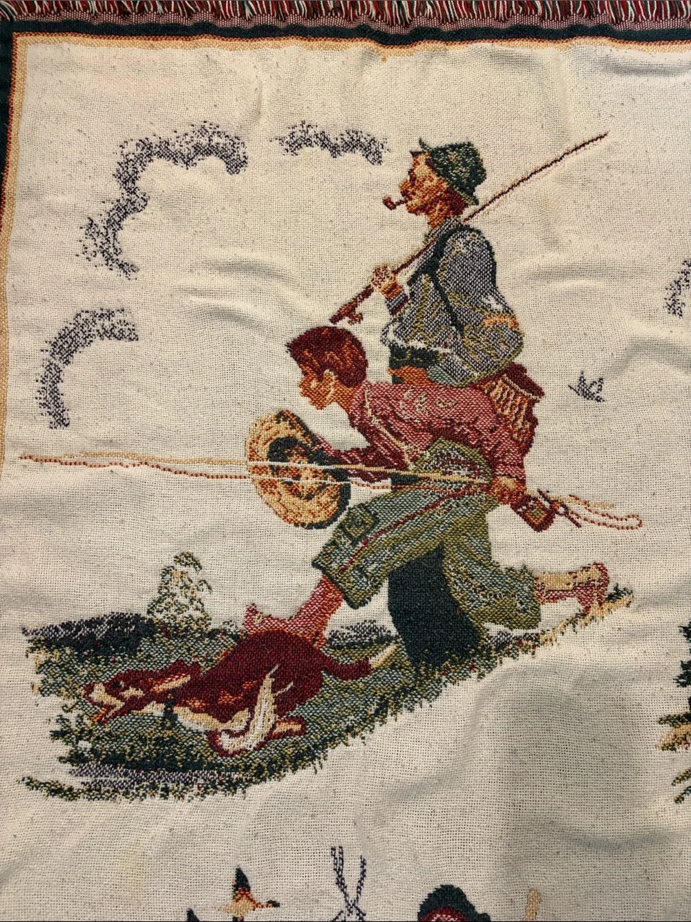 VTG Norman Rockwell Four Seasons Woven Tapestry Throw Blanket Fringed Americana